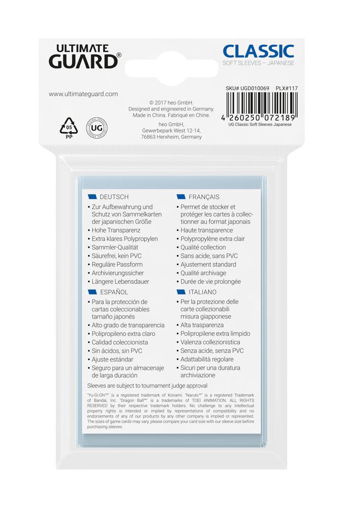 Ultimate Guard Classic Soft Sleeves Japanese Size Transparent (100) by LAB7 Malta, Europe