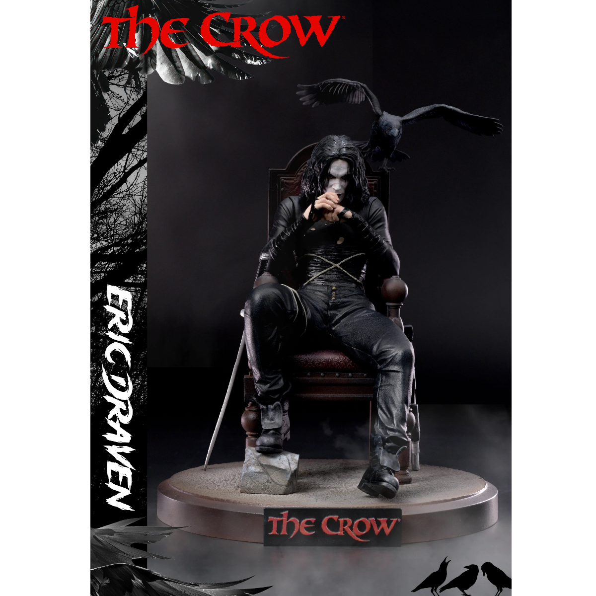 Statue of Eric Draven from 'The Crow' on a dark background with crow illustrations.