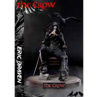 Statue of Eric Draven from 'The Crow' on a dark background with crow illustrations.