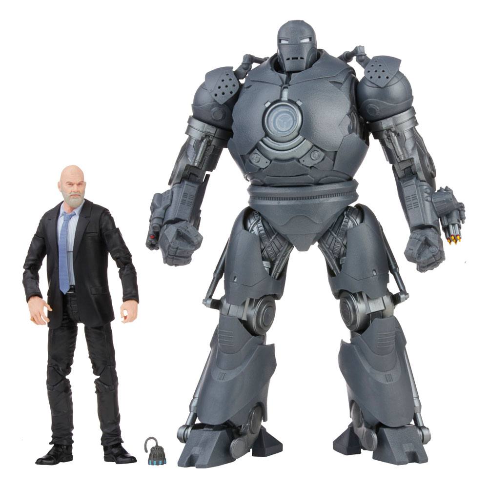 Action figure of a robot and a person in a suit on a white background