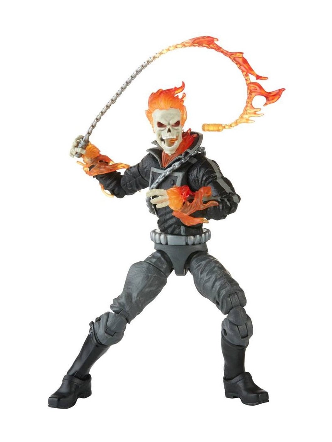 Action figure with fiery hair and staff on a white background