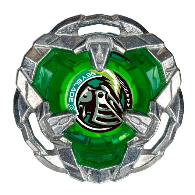 Green and silver Beyblade on a white background