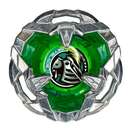 Green and silver Beyblade on a white background