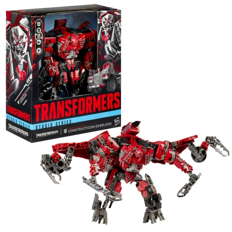 Transformers action figure with red and silver design next to its packaging