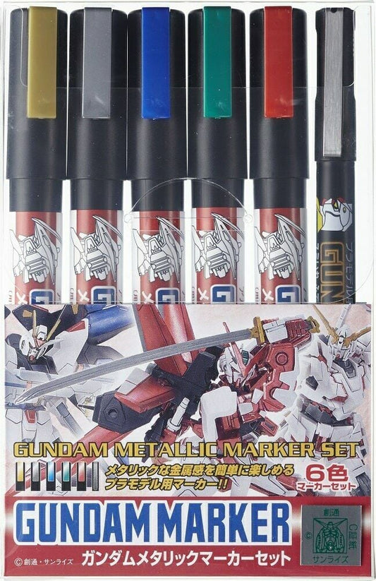 Set of Gundam metallic markers with packaging displaying the product name and images.