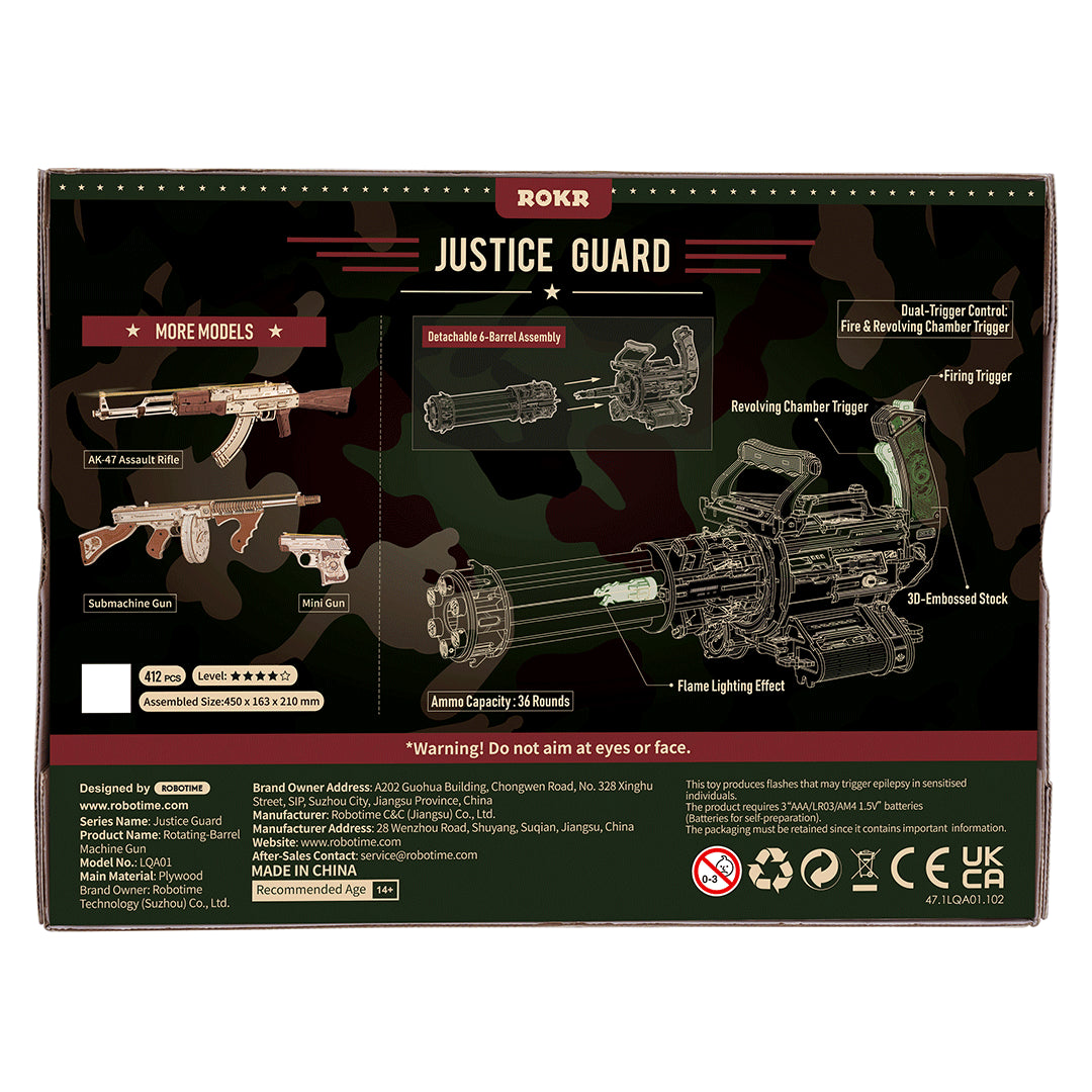 ROKR Rotating-Barrel Machine Gun LQA01 – Mechanical 3D Wooden Puzzle & Rubber Band Shooter