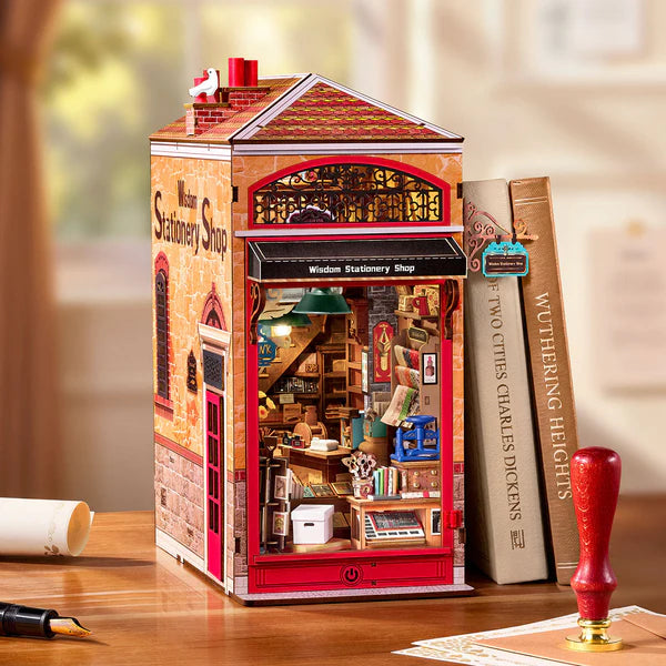 Rolife Wisdom Stationery Shop TGB19 – DIY Miniature Book Nook Kit with Warm Lighting