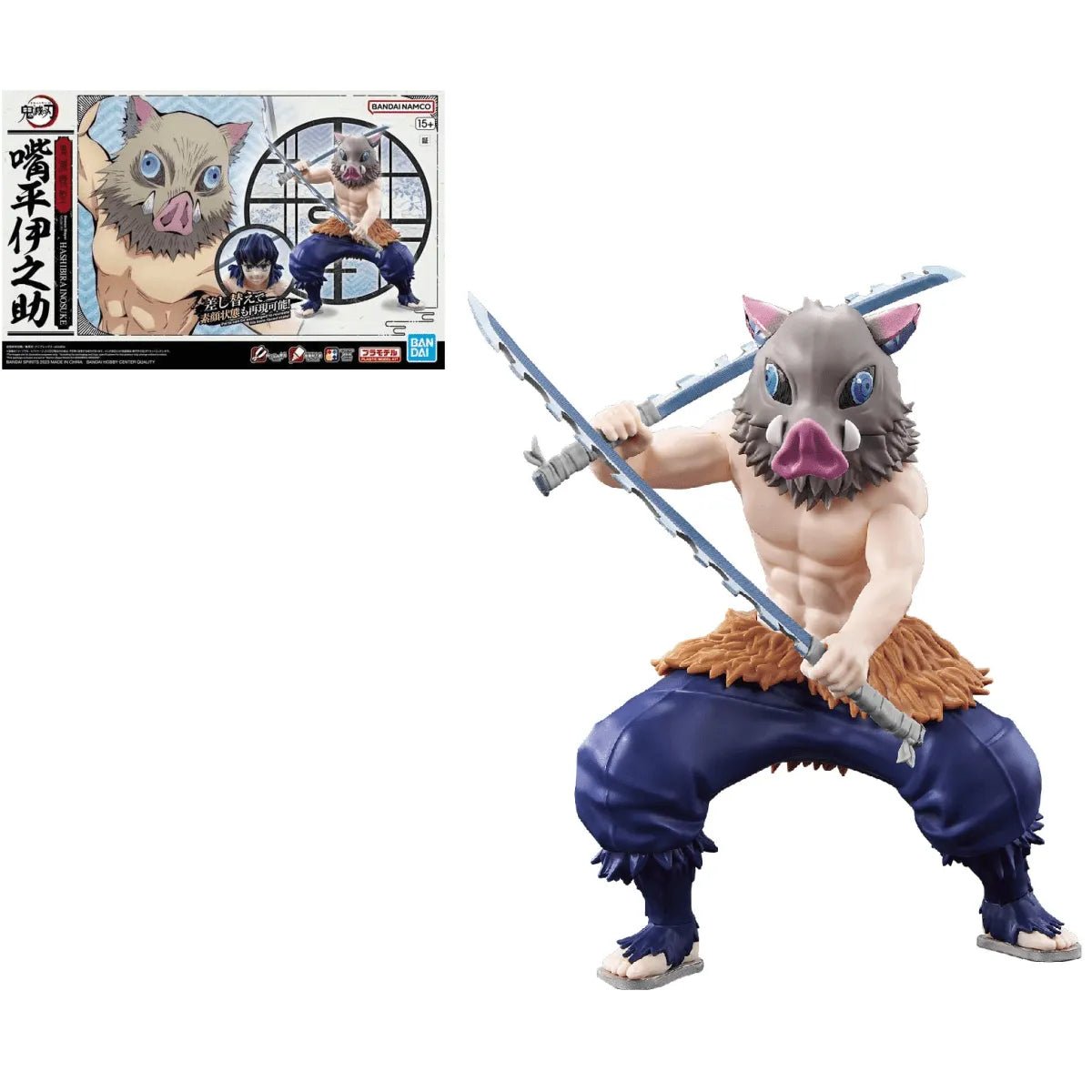 Bandai Demon Slayer Inosuke Hashibira model kit featuring a boar-masked figure wielding two jagged swords in a dynamic pose.