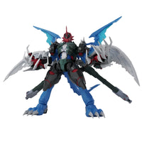 Front view of Bandai Figure-rise Standard Amplified Paildramon model kit with blue, black, and red armor and large wings.