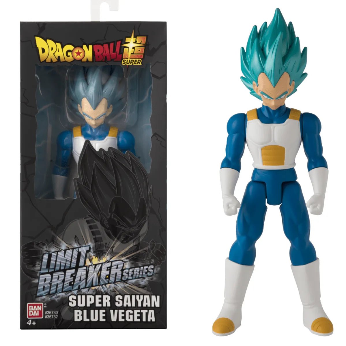 Bandai Dragon Ball Limit Breaker Super Saiyan Blue Vegeta figure with blue hair and white armor, shown with its packaging.