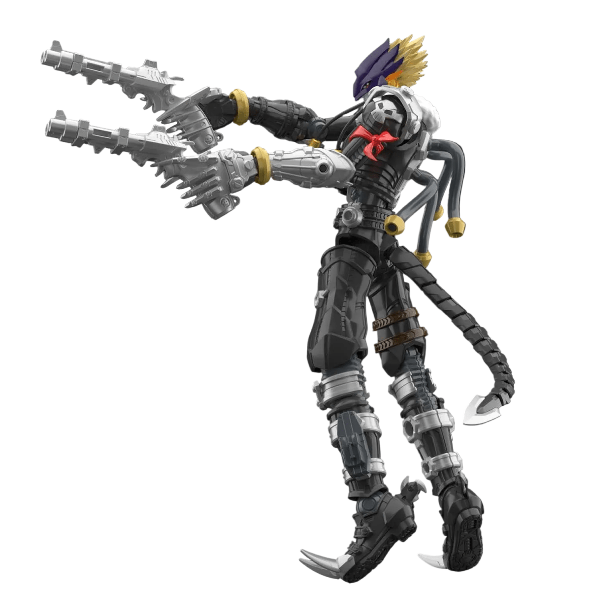 Bandai Figure-rise Standard Amplified Beelzemon model kit in a side profile pose holding dual silver shotguns.