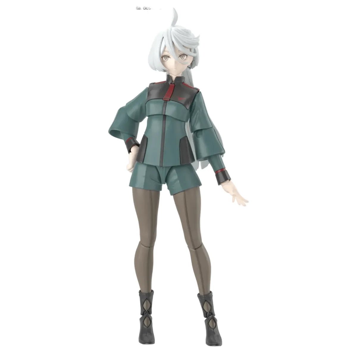 Bandai Figure-rise Standard Miorine Rembran model kit featuring a white-haired figure in a green uniform, front view.