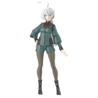 Bandai Figure-rise Standard Miorine Rembran model kit featuring a white-haired figure in a green uniform, front view.