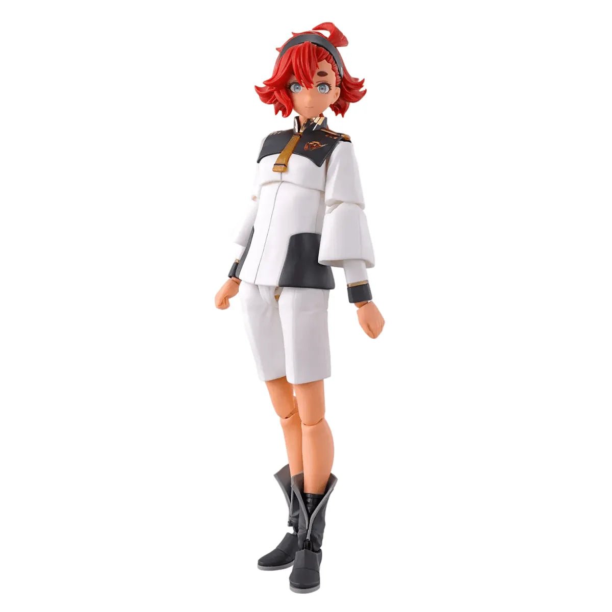 Bandai Figure-rise Standard Suletta Mercury model kit featuring a posable figure in a white and black uniform.