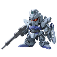 Front view of the Bandai Gundam BB379 Delta Plus model kit in gray and blue with a beam rifle and shield.