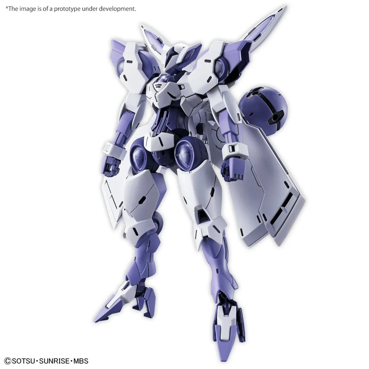 Front view of the Bandai Gundam HG 1/144 Beguir-Beu model kit in white and purple with sleek, angular armor plating.