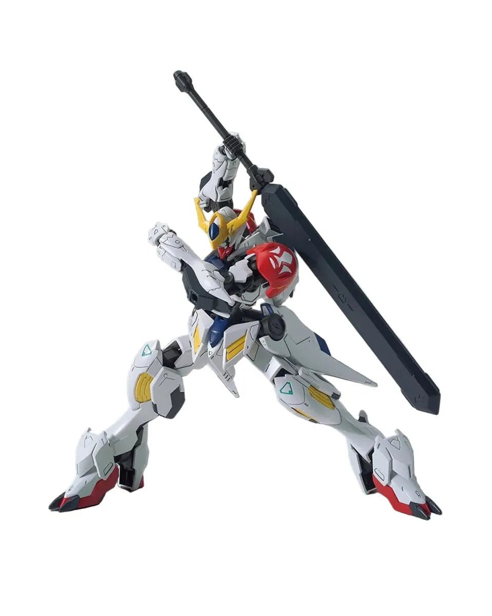 Bandai HG 1/144 Gundam Barbatos Lupus model kit in a dynamic combat pose holding a large sword over its shoulder.