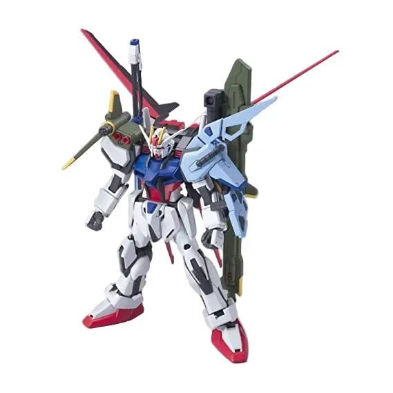 Front view of the Bandai HG 1/144 Perfect Strike Gundam model kit featuring its multi-colored armor and large back equipment.