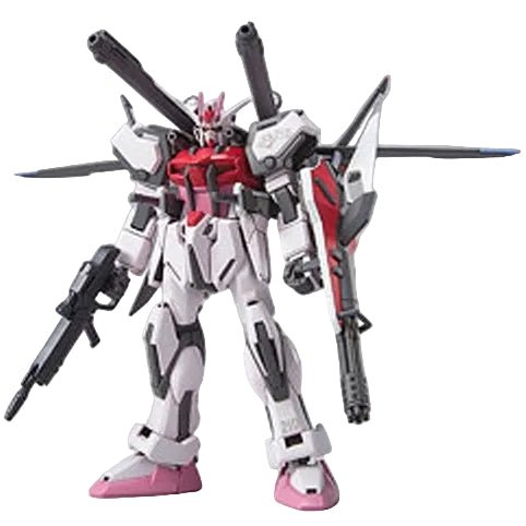 Front view of the Bandai HG 1/144 Strike Rouge Gundam model kit in pink, white, and grey with I.W.S.P. equipment.