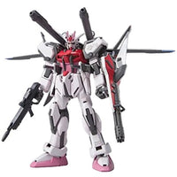 Front view of the Bandai HG 1/144 Strike Rouge Gundam model kit in pink, white, and grey with I.W.S.P. equipment.
