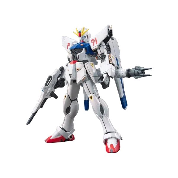 Front view of the Bandai HGUC 1/144 Gundam F91 model kit featuring white, blue, and red armor with a beam rifle.