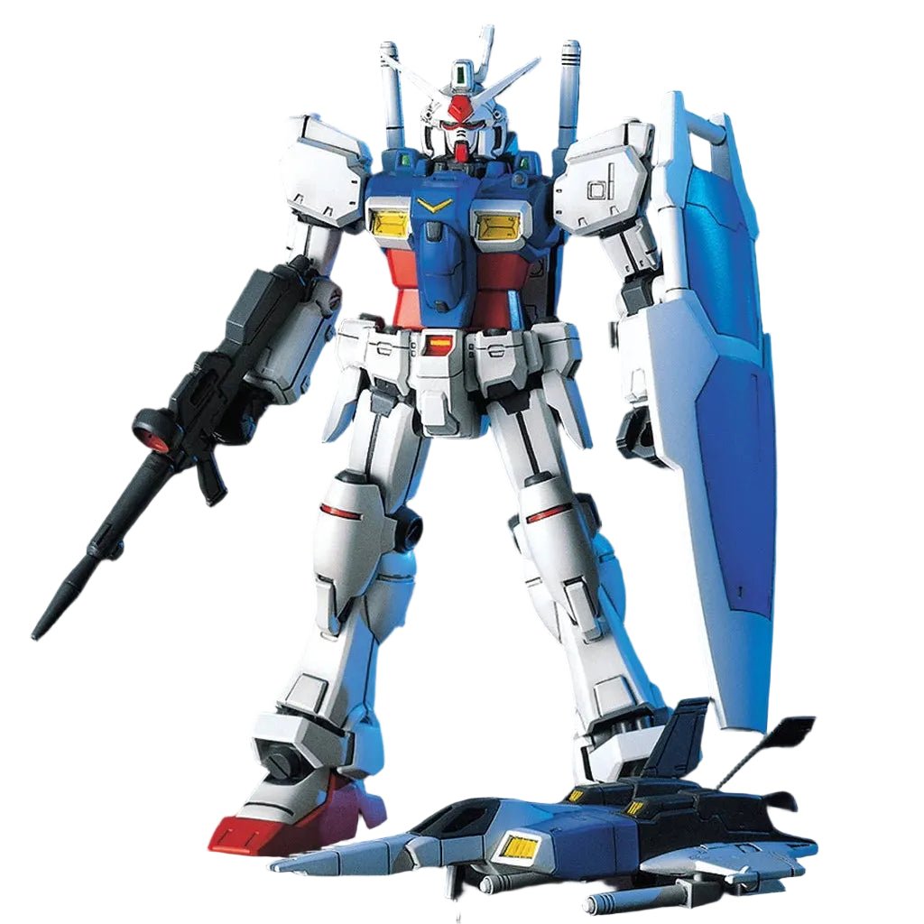 Bandai HGUC 1/144 RX-78 GP01 Zephyranthes model kit in a front view, featuring white, blue, and red armor with a shield.
