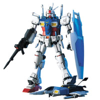 Bandai HGUC 1/144 RX-78 GP01 Zephyranthes model kit in a front view, featuring white, blue, and red armor with a shield.