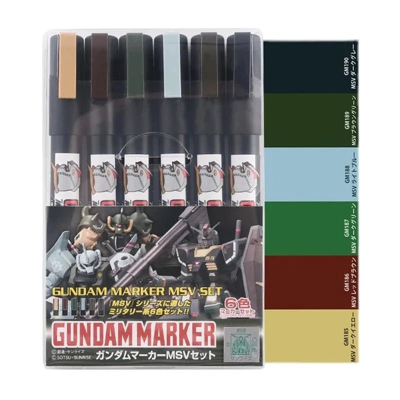 Bandai Gundam Marker AMS-127 MSV set in clear packaging featuring six military-themed detailing pens for Gunpla models.