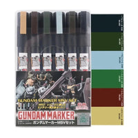 Bandai Gundam Marker AMS-127 MSV set in clear packaging featuring six military-themed detailing pens for Gunpla models.