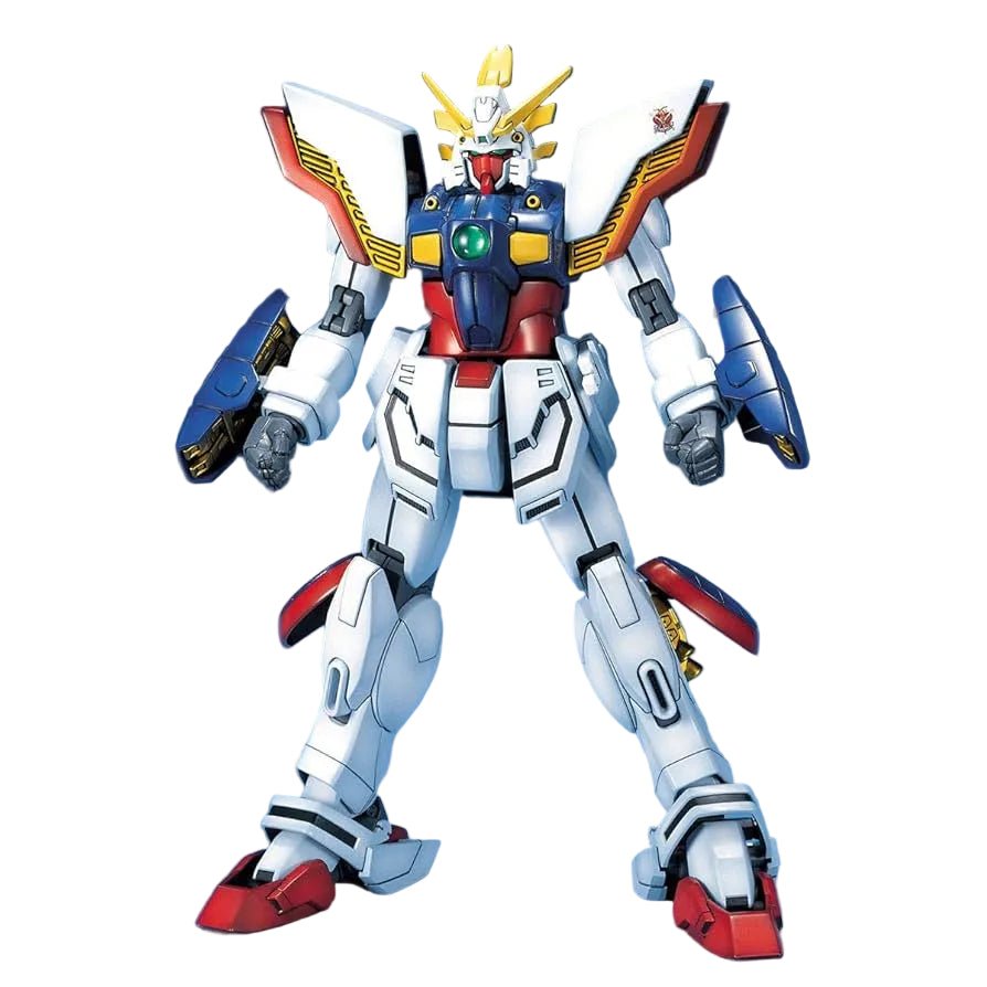 Front view of the Bandai MG 1/100 Shining Gundam model kit featuring white, red, blue, and yellow armored plating.