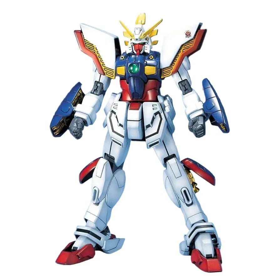 Front view of the Bandai MG 1/100 Shining Gundam model kit featuring white, red, blue, and yellow armored plating.