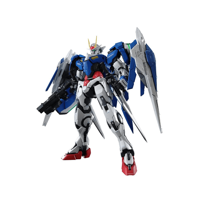 Front view of the Bandai PG 1/60 OO-Raiser model kit featuring blue, white, and red armor with large wing-like GN drives.