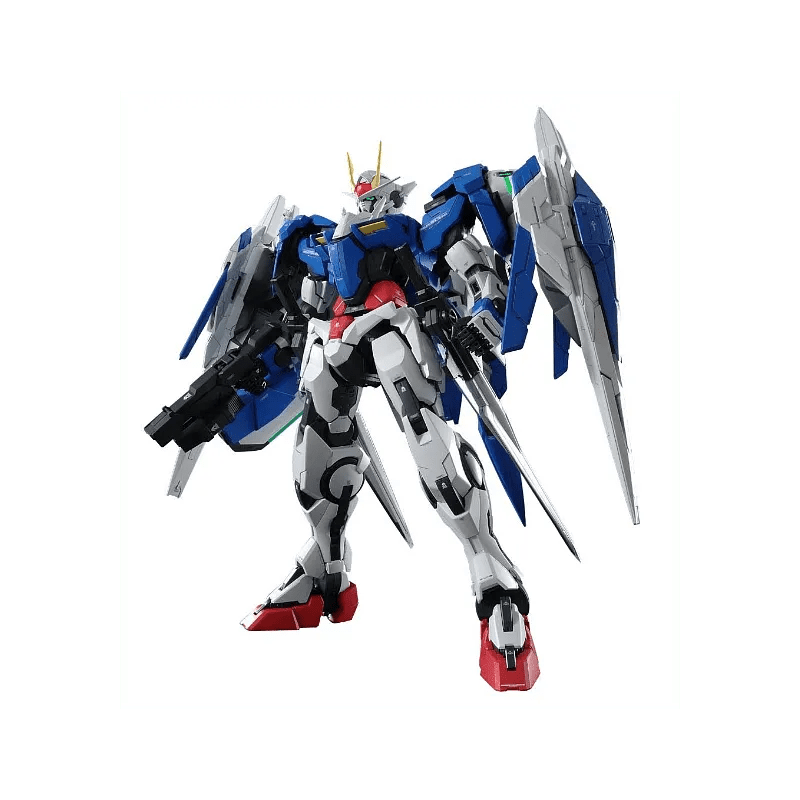 Front view of the Bandai PG 1/60 OO-Raiser model kit featuring blue, white, and red armor with large wing-like GN drives.