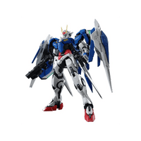 Front view of the Bandai PG 1/60 OO-Raiser model kit featuring blue, white, and red armor with large wing-like GN drives.
