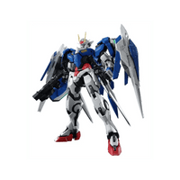 Front view of the Bandai PG 1/60 OO-Raiser model kit featuring blue, white, and red armor with large wing-like GN drives.