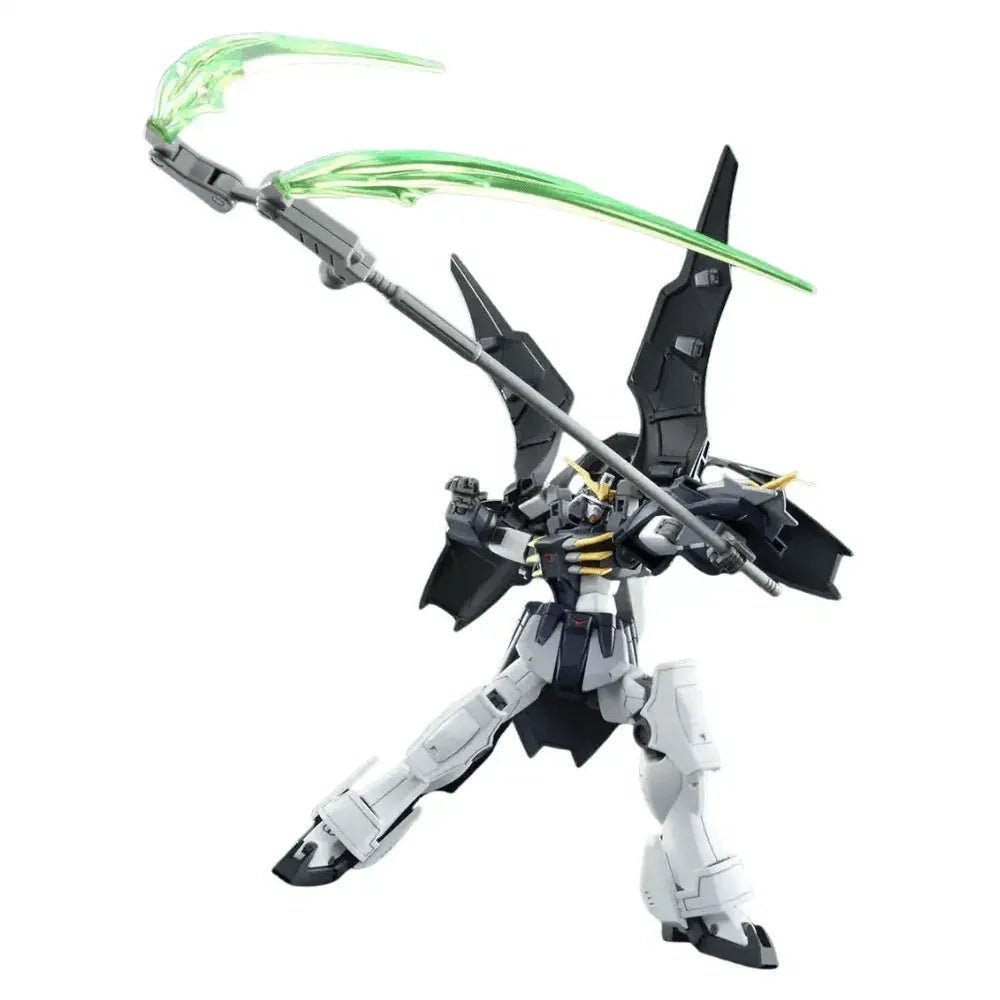 HGAC 1/144 Gundam Deathscythe Hell model kit in a dynamic pose wielding its translucent green beam scythe.