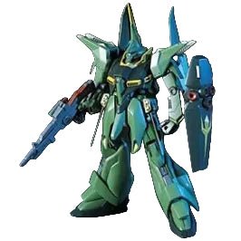 Front view of the green Bandai HG 1/144 AMX-107 Bawoo Neo-Zeon model kit holding a beam rifle and shield.