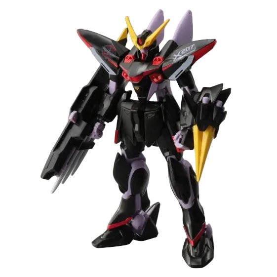 Front view of the Bandai HG 1/144 Blitz Gundam GAT-X207 model kit in black, red, and purple with signature claw weapons.