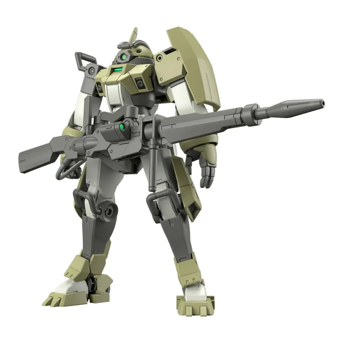 Bandai HG 1/144 Chuchu's Demi Trainer model kit in olive and gray, featuring a large rifle in a front-facing pose.