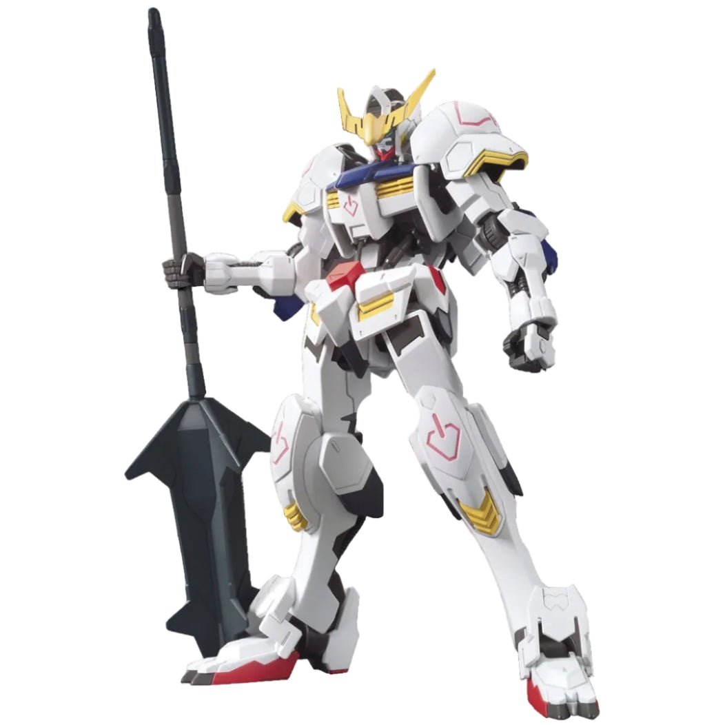 Front view of the Bandai HG 1/144 Gundam Barbatos model kit holding a large black mace against a white background.