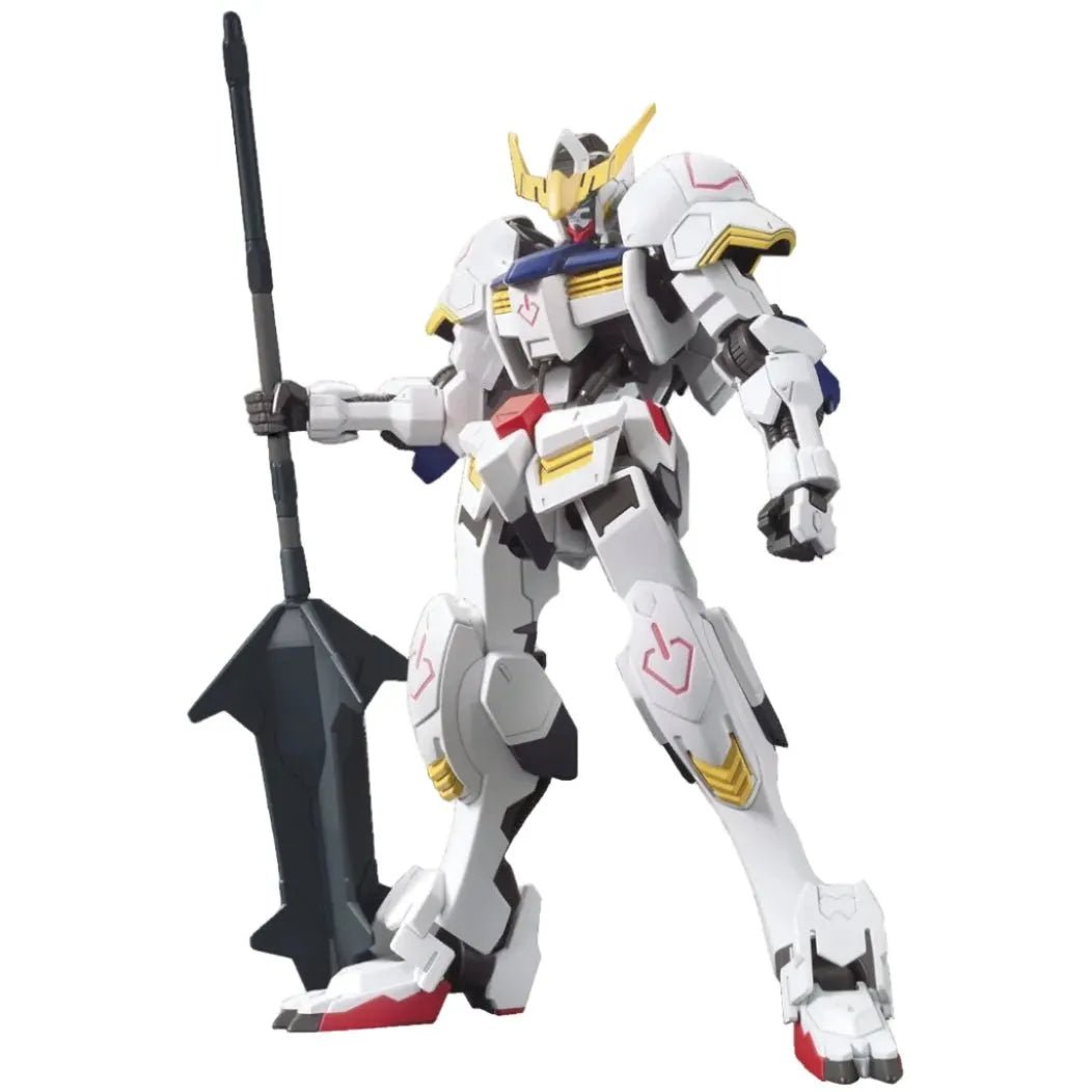 Front view of the Bandai HG 1/144 Gundam Barbatos model kit holding a large black mace against a white background.