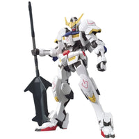 Front view of the Bandai HG 1/144 Gundam Barbatos model kit holding a large black mace against a white background.