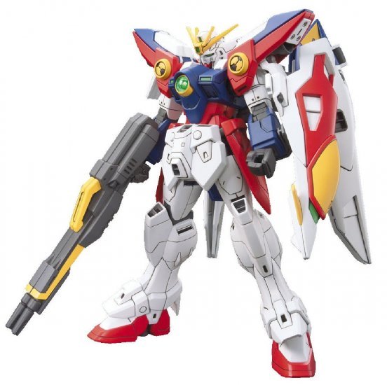 Front view of the Bandai HGAC 1/144 Wing Gundam Zero model kit featuring its signature red, white, blue, and yellow armor.
