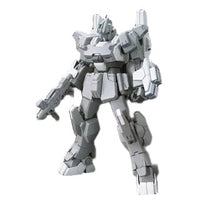 Front view of the Bandai HGBF 1/144 Gundam Ez-SR model kit featuring a grey and white armored mecha with a handheld rifle.