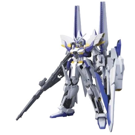 Front view of the Bandai HGUC 1/144 MSN-001X Delta Kai Gundam model kit in white, blue, and yellow plastic armor.