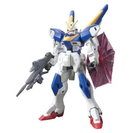 Front view of Bandai HGUC 1/144 Victory Two Gundam model kit in white, blue, and yellow with a translucent pink shield.