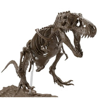 Side view of the brown Bandai Imaginary Skeleton Tyrannosaurus 1/32 model kit on a textured base.