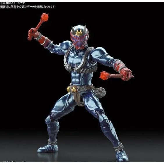 Bandai Kamen Rider Hibiki Figure-rise Standard model kit in a dynamic pose holding translucent red drumstick weapons.