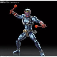 Bandai Kamen Rider Hibiki Figure-rise Standard model kit in a dynamic pose holding translucent red drumstick weapons.