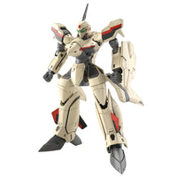 Bandai Macross HG 1/100 YF-19 model kit in a standing pose, featuring cream, red, and dark gray mechanical armor details.
